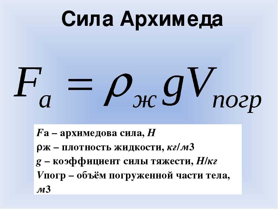 В каких единицах измеряется выталкивающая сила си. Архимедова сила формула. Формула нахождения силы Архимеда в физике 7 класс. Сила Архимеда формула через силу тяжести. Архимедова сила формула 7 класс.