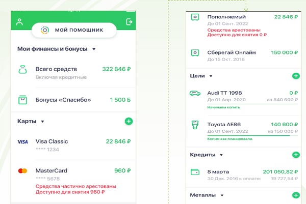 Отображение ареста по счету Сбербанка в мобильном приложении iOS