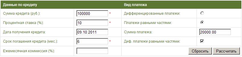 Форма ввода данных для расчёта досрочного погашения