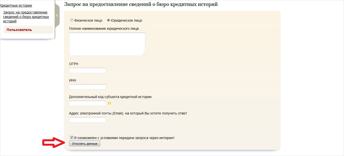 Ввод данных организации для выяснения кредитной истории
