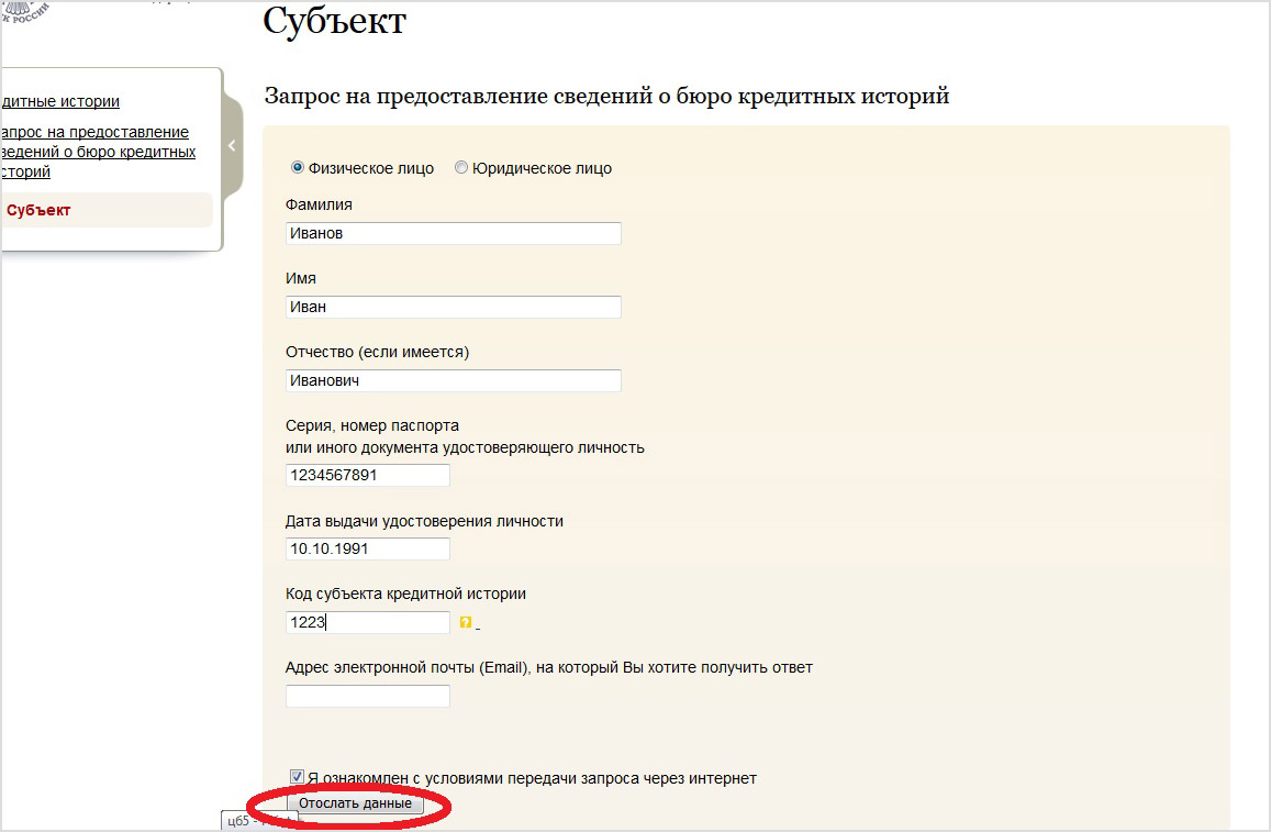 Ввод персональных данных чтобы узнать кредитную историю