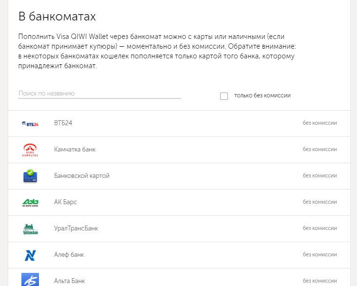 Поддерживаемые банкоматы QIWI