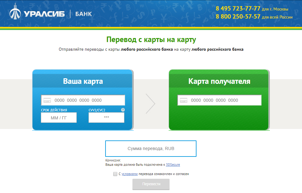 Уралсиб: перевод с карты на карту, на Уралсиб, на Сбербанк, другие