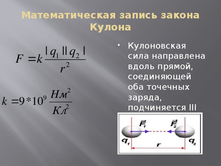 Закон кулона можно записать f. Математическая запись закона кулона. Закон кулона 10 класс.