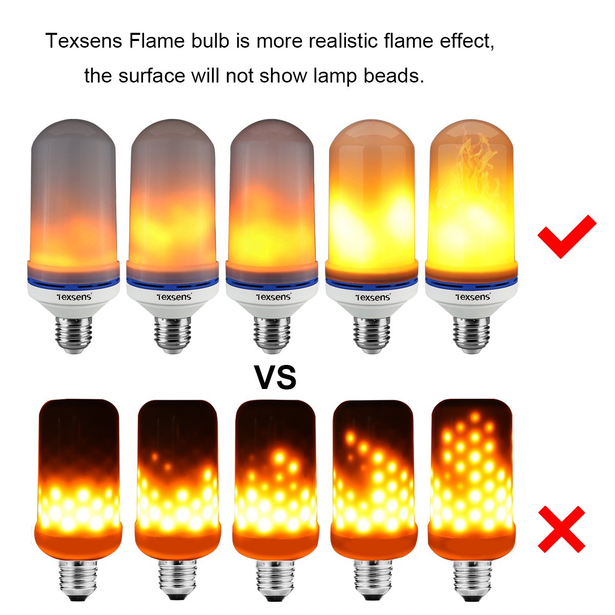  Texsens LED Flame Effect Light Bulb, E26 LED Flickering Flame Light Bulbs, 105pcs 2835 LED Beads