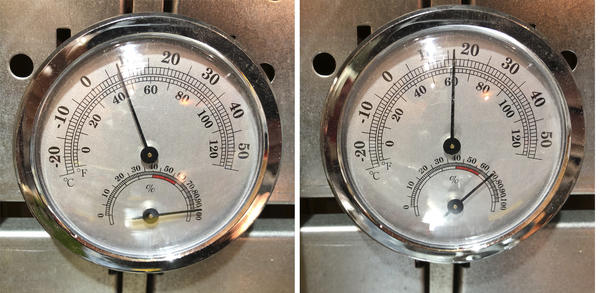 Показания температуры и влажности: слева начальные, справа через 40 минут