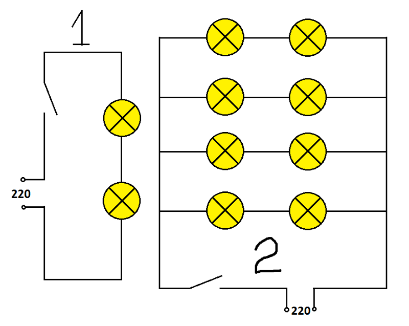 Параллельное подключение лампочек на 220 с выключателем схема