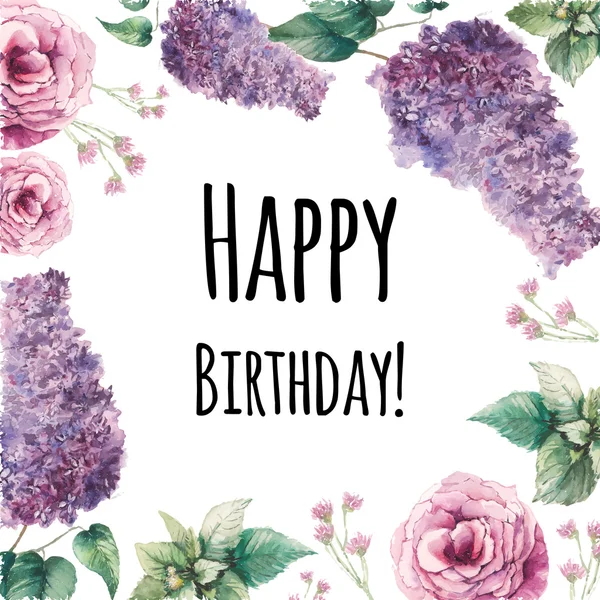 Акварелью цветы с днем рождения карты — стоковый вектор