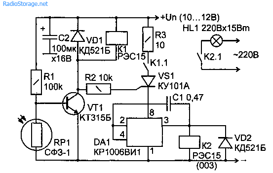Электрическая принципиальная схема фотореле на основе таймера КР1006ВИ1