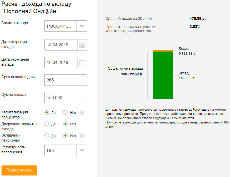 Пример расчета дохода по вкладу Пополняй Онлайн