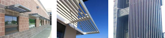 three photos depicting solar control and shading provided by a range of building components including: aluminum architectural sun shade; horizontal sun control device; and vertical fins on a building